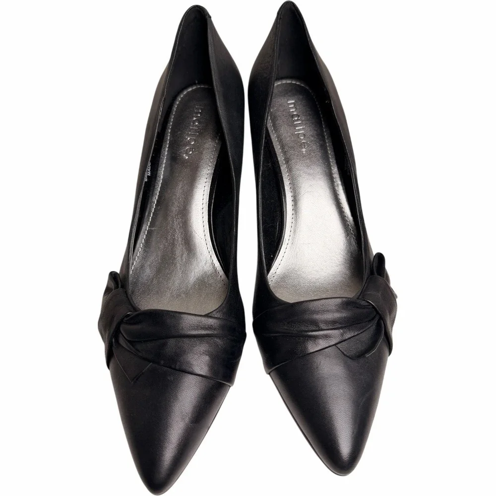 Maripe Mystic 152253 Black Leather Bow Pumps Women's 8M Pointed Toe Kitten Heels